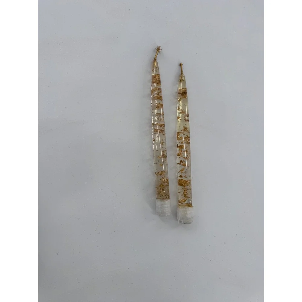 Lucite Taper‎ Candles 8in Clear Gold Leaf Flake Acrylic Set of 2 MCM